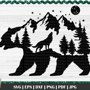 Silhouette Bear SVG, Bear Mountain, Howling Wolf svg, bear in the woods, Pine Trees, Full moon svg, Wilderness svg, full moon wolf image 1