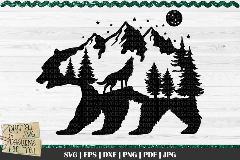Silhouette Bear SVG, Bear Mountain, Howling Wolf svg, bear in the woods, Pine Trees, Full moon svg, Wilderness svg, full moon wolf image 1