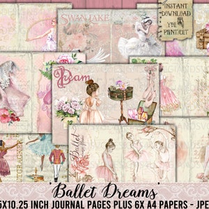 Ballet Dreams, Junk Journal, Ballet, Shabby Chic, Sapatilhas, Tutu, Rosa, Rosas, Quebra-nozes, Folha de colagem, Para impressão, DigiAndSVGDesigns4U
