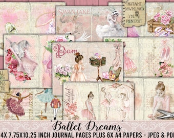 May include: A set of 14 digital printable journal pages and 6 A4 papers featuring a ballet theme. The pages include images of ballerinas, ballet shoes, roses, and the words "Dream" and "Ballet". The papers are in pink, white, and beige tones.