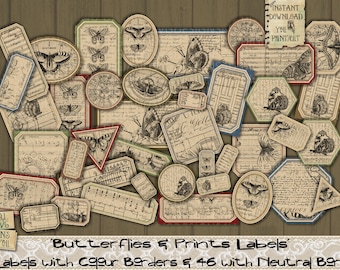 Butterflies, Prints, Text, Numbers, Music, Vintage, Labels, Script, Printable, Junk Journal, Words, Letters, Tags, Embellishment, Scrapbook