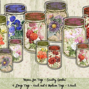 Printable Mason Jars, Tags, Country Garden, Flowers, MJ021, Vintage, Grunge, Junk Journal, Pantry, Cards, Ephemera, Gift Card, Buttons