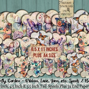 Jardin des papillons, Ruban, Dentelle, Bobines, Canettes, RS04, Vintage minable, Rangement, Journal, Tags, Cartes, Couture, Imprimable, Éphémère