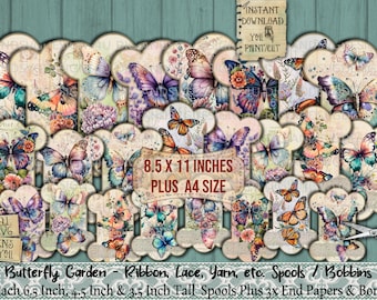 Butterfly Garden, Ribbon, Lace, Spools, Bobbins, RS04, Shabby Vintage, Organizing, Journal, Tags, Cards, Sewing, Printable, Ephemera