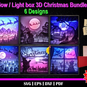 Christmas Bundle - 3D Shadow box templates, 3D Light Box, Santa Claus svg, Xmas svg, Reindeer svg, Snowman svg, Santa&#39;s reindeer, Christmas