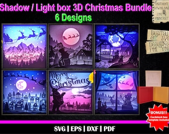 Christmas Bundle - 3D Shadow box templates, 3D Light Box, Santa Claus svg, Xmas svg, Reindeer svg, Snowman svg, Santa&#39;s reindeer, Christmas