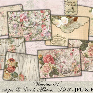 Shabby Chic, Victorian, Envelopes, Cards, Add-on 03, Junk Journal, Kit, Roses, Lace, Pink, Green, Floral, Printable, Ephemera, Vintage