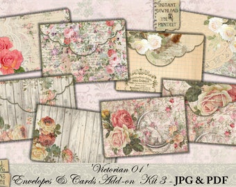 Shabby Chic, Victorian, Envelopes, Cards, Add-on 03, Junk Journal, Kit, Roses, Lace, Pink, Green, Floral, Printable, Ephemera, Vintage