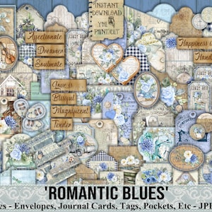 Romantic Blues, Shabby Chic, Ephemera, Embellishment, Words, Tags, Envelopes, Vintage, Roses, Blue, Collage Sheet, Scrapbook, Printable
