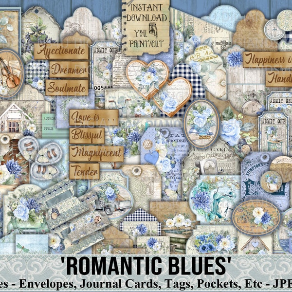Romantic Blues, Shabby Chic, Ephemera, Embellishment, Words, Tags, Envelopes, Vintage, Roses, Blue, Collage Sheet, Scrapbook, Printable