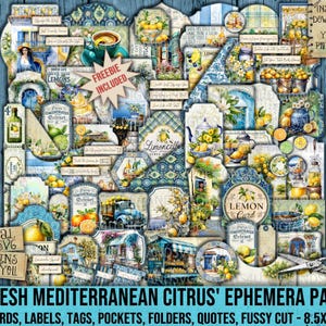 Frische mediterrane Zitrus, Ephemera, Zitronen, Limetten, Zitrusfrüchte, Umschläge, Tags, Etiketten, Journal Karten, Zitate, Taschen, Tickets, Print