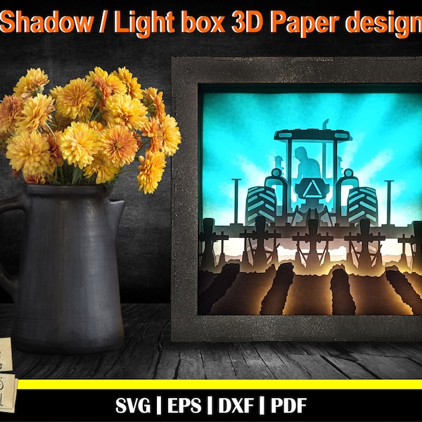 Farmer on tractor - 3D Paper Cut Template, Light Box SVG, 3D Shadow Box SVG, 3D Light box template, Farm life svg, farmer svg, Tractor svg
