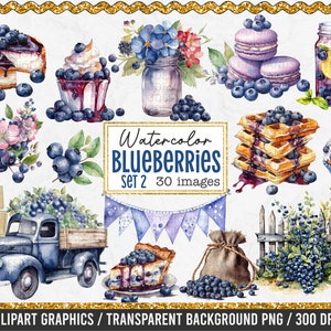 Watercolor Blueberries Clipart Bundle - 30 PNG Images, Blueberry Graphics, Blueberry PNG Images, Watercolor Clipart, Blueberry clipart, Set2