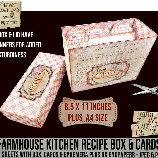 Recipe Box and Cards, Farmhouse Kitchen, DIY, Storage, Digital Kit, Journal Card, Gift, Box with Lid, Printable, DigiAndSVGDesigns4U