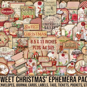 Sweet Christmas, Ephemera, Treats, Envelopes, Journal Cards, Tags, Labels, Tickets, Pockets, Collage Sheet, Decoupage, Planner, Printable