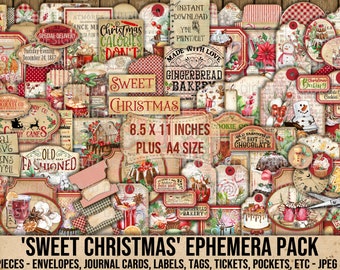 Sweet Christmas, Ephemera, Treats, Envelopes, Journal Cards, Tags, Labels, Tickets, Pockets, Collage Sheet, Decoupage, Planner, Printable