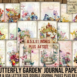 Schmetterlingsgarten, Junk Journal, Schmetterlinge, Blumen, Garten, Shabby, Postkarten, Handschrift, Kit, Scrapbooking, Decoupage, Karten, printable
