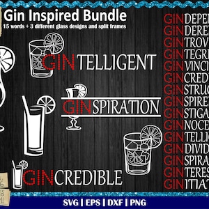 Op de afbeelding: Een digitale downloadbundel met 15 woorden met een gin-thema. De woorden worden weergegeven in rode tekst met een glinsterend effect. De woorden zijn: Gindependent, Ginderella, Gintrovert, Gintegrity, Ginvincible, Gincredible, Ginstructor, Ginspired, Ginstigator, Ginocent, Gintelligent, Gindividual, Ginspiration, Ginteresting, Ginitiative. De bundel bevat ook drie verschillende glasontwerpen.