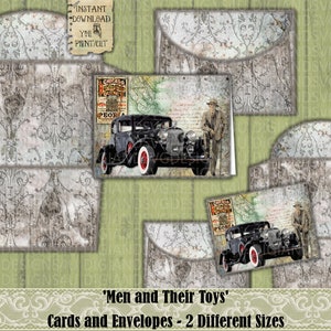 May include: Printable cards and envelopes with a vintage design featuring a black car and a man in a suit. The text on the card reads "Chicago Automobile Tourists", and the text on the envelope reads "Instant Download You Print/Cut".