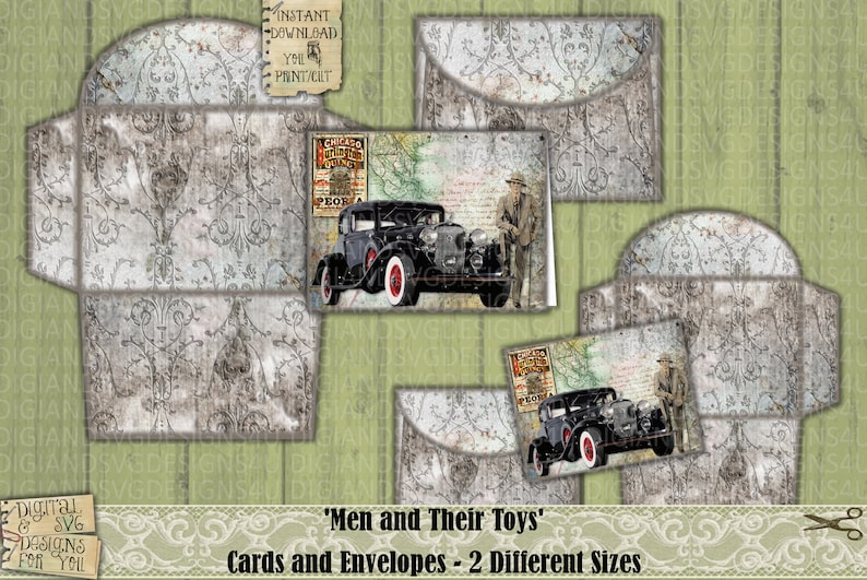 May include: Printable cards and envelopes with a vintage design featuring a black car and a man in a suit. The text on the card reads "Chicago Automobile Tourists", and the text on the envelope reads "Instant Download You Print/Cut".