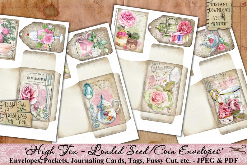 Seed Umschläge, Tasche, High Tea, Rosen, Shabby, Vintage, Verschönerung, Junk Journal, Papier, Tags, Schmetterlinge, Ephemera, printable Bild 5