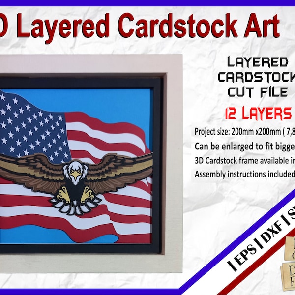 3D American Eagle and flag SVG, 3D Cardstock design, 3D Paper Cut Template, Light Box SVG, 3D Shadow Box, 3D Light box template, 3D Art