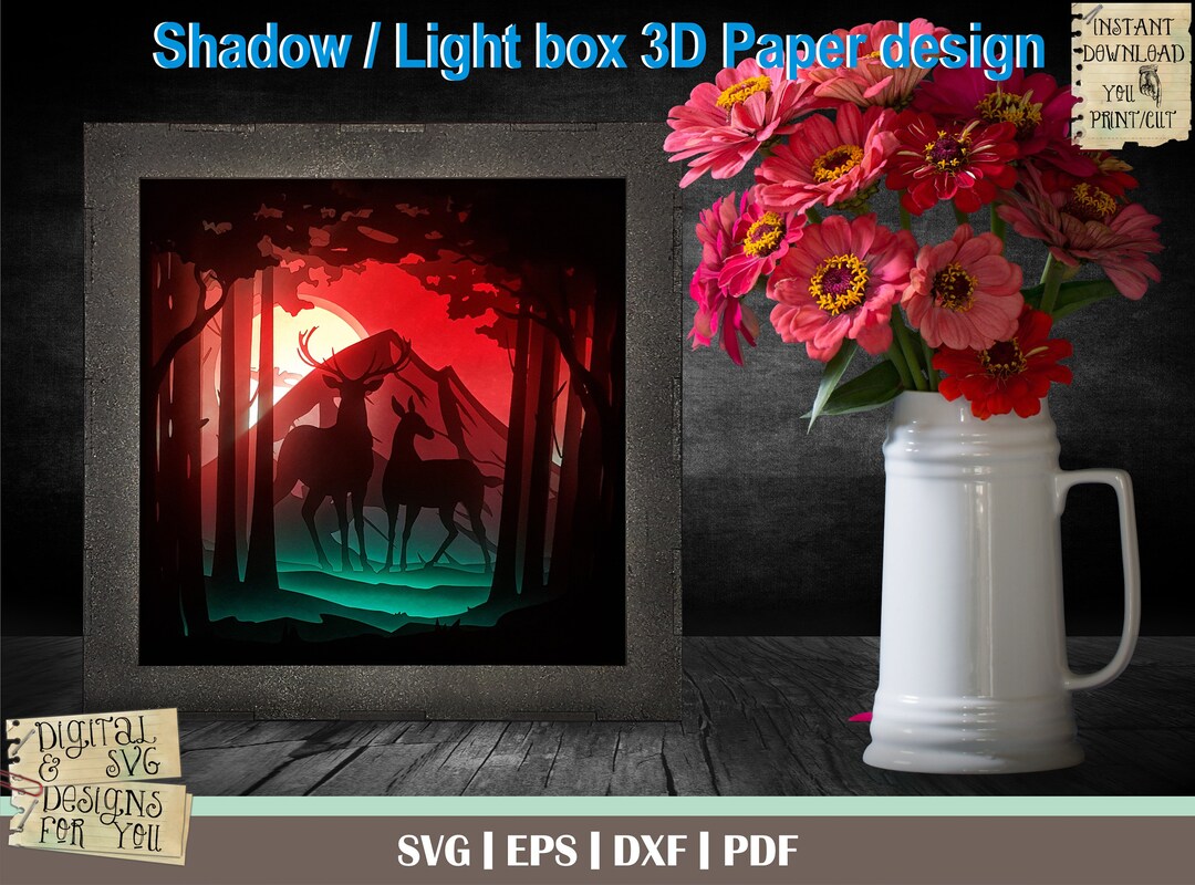 Deer in the Forest 3D Paper Cut Template, Light Box SVG, 3D Shadow Box ...