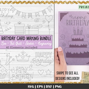 DIY Birthday Card Bundle, Single Line Sketch SVG, Birthday SVG, Cricut Joy, Foil Quill designs, Card Making svg, Card svg, Mom Birthday