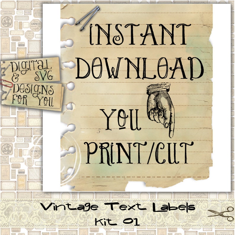 vintage text labels grunge printable junk journal kit etsy