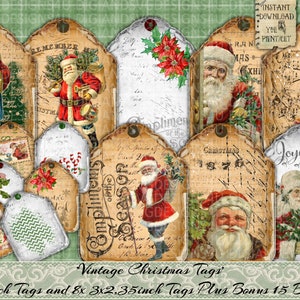 Vintage kerst, Tags, vintage kerstman, cadeaulabel, junkdagboek, dagelijks december, afdrukbaar, versiering, sieraad, plakboek, dagboekkaarten