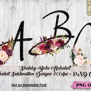 Floral Alphabet PNG, Sublimation, Shabby, Bohemian, Alphabet Sublimation, Watercolor, Alphabet, Feathers, Decoupage, instant download