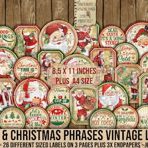 Weihnachtsmann, Weihnachten, Phrasen, Etiketten, Runde Weihnachtsschilder, ATC, Kartenaufleger, Sentiments, Collage, Geschenke, Planer, Decoupage, druckbar