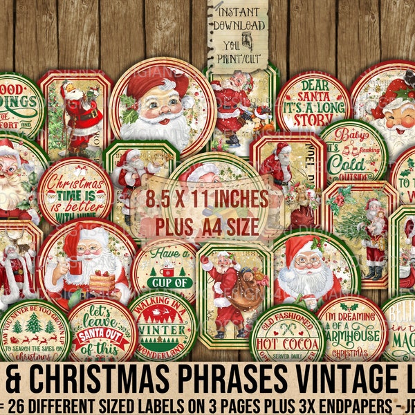 Santa Claus, Christmas, Phrases, Labels, Round Christmas Signs, ATC, Card Toppers, Sentiments, Collage, Gifts, Planner, Decoupage, Printable