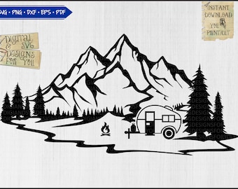 Forest Camper svg, png, eps, dxf, mountain svg, camping clipart, trees svg, Outdoors cutfile, wallart svg, Caravan svg, Camp scene cut file
