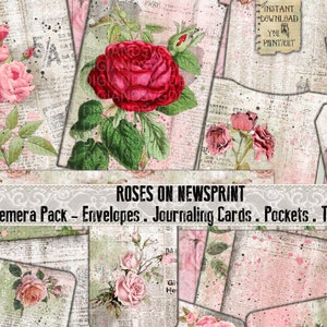 Vintage, rosas de jornal, papel de jornal, envelopes, para impressão, cartões de registro no diário, kit, etiquetas, coisas efêmeras, álbum de recortes, papel, diário indesejado, decupagem