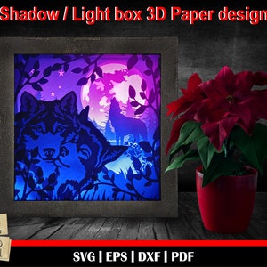 Loving wolves 3D Shadow box, Light Box SVG, 3D Shadow Box SVG, plantilla de caja de luz 3D, Archivos de descarga digital, luna llena lobo svg