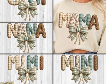 Boho Fabric Mama PNG Bundle, Faux Yarn Bow Png, Mom Shirt png, Fabric Coquette png, Floral Mama, Mom life png, Gigi, Nana, Mini