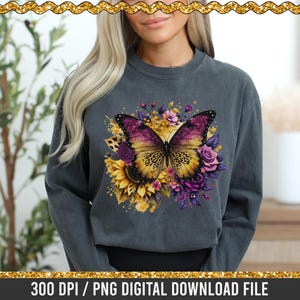 May include: Dark grey sweatshirt with a colourful butterfly design in yellow, purple, and pink, set amongst sunflowers and roses. The text "Digital & SVG Designs For You" is visible. The phrase "300 DPI / PNG DIGITAL DOWNLOAD FILE" is also visible.
