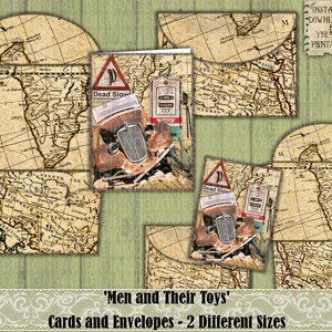 May include: Printable digital download of two vintage-style cards and envelopes featuring a rusty car and a map design. The cards say "Dead Slow" and the envelopes have a map design with the words "Instant Download You Printout".