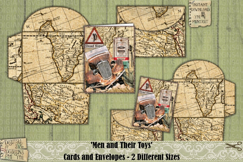 May include: Printable digital download of two vintage-style cards and envelopes featuring a rusty car and a map design. The cards say "Dead Slow" and the envelopes have a map design with the words "Instant Download You Printout".