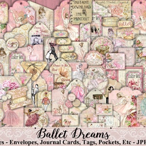 Ballet Dreams, Ephemera, Verschönerung, Journal, Ballett, Shabby Chic, Ballettschuhe, Tütü, Rosa, Rosen, Tags, Umschläge, Karten, Printable