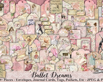 Ballet Dreams, Ephemera, Embellishment, Journal, Ballet, Shabby Chic, Ballet Shoes, Tutu, Pink, Roses, Tags, Envelopes, Cards, Printable