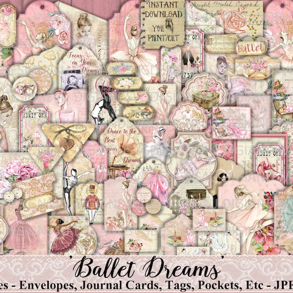 Ballet Dreams, Ephemera, Embellishment, Journal, Ballet, Shabby Chic, Ballet Shoes, Tutu, Pink, Roses, Tags, Envelopes, Cards, Printable