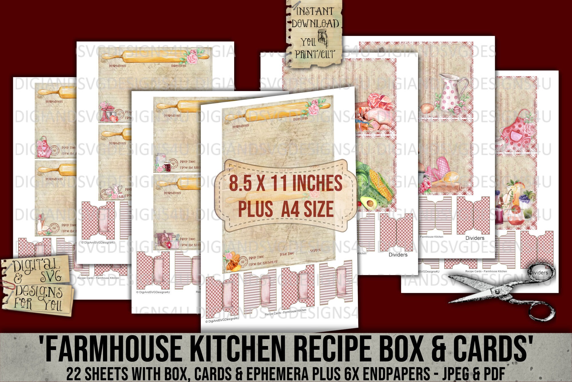 Recipe Box and Cards, Farmhouse Kitchen, DIY, Storage, Digital Kit ...