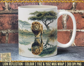Envoltura de taza con reflejo de color de león, cinco grandes, diseño de taza de 11 oz y 15 oz, diseño de sublimación de taza, plantilla de envoltura de taza de bosque, descarga digital 300 ppp