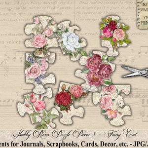 Shabby, Rosen, Puzzle, Teile, Vintage, Shabby Chic, druckbar, Verzierung, Junk Journal, Scrapbook, Braut, Baby, Dusche, Fussy Cut