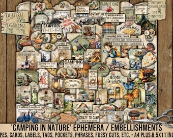 May include: A collage of camping-themed ephemera with various designs, including signs, illustrations, and text. The color palette is a mix of beige, brown, and green. The text includes phrases like "Camping in Tents" and "Campfires and Cocktails".