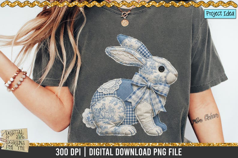 Blue Toile Faux Patchwork Bunny PNG, Vintage Chinoiserie Bunny, Spring ...