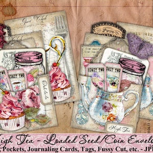 Seed Umschläge, Tasche, High Tea, Rosen, Shabby, Vintage, Verschönerung, Junk Journal, Papier, Tags, Schmetterlinge, Ephemera, printable Bild 4