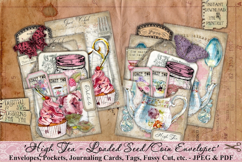 Seed Umschläge, Tasche, High Tea, Rosen, Shabby, Vintage, Verschönerung, Junk Journal, Papier, Tags, Schmetterlinge, Ephemera, printable Bild 4